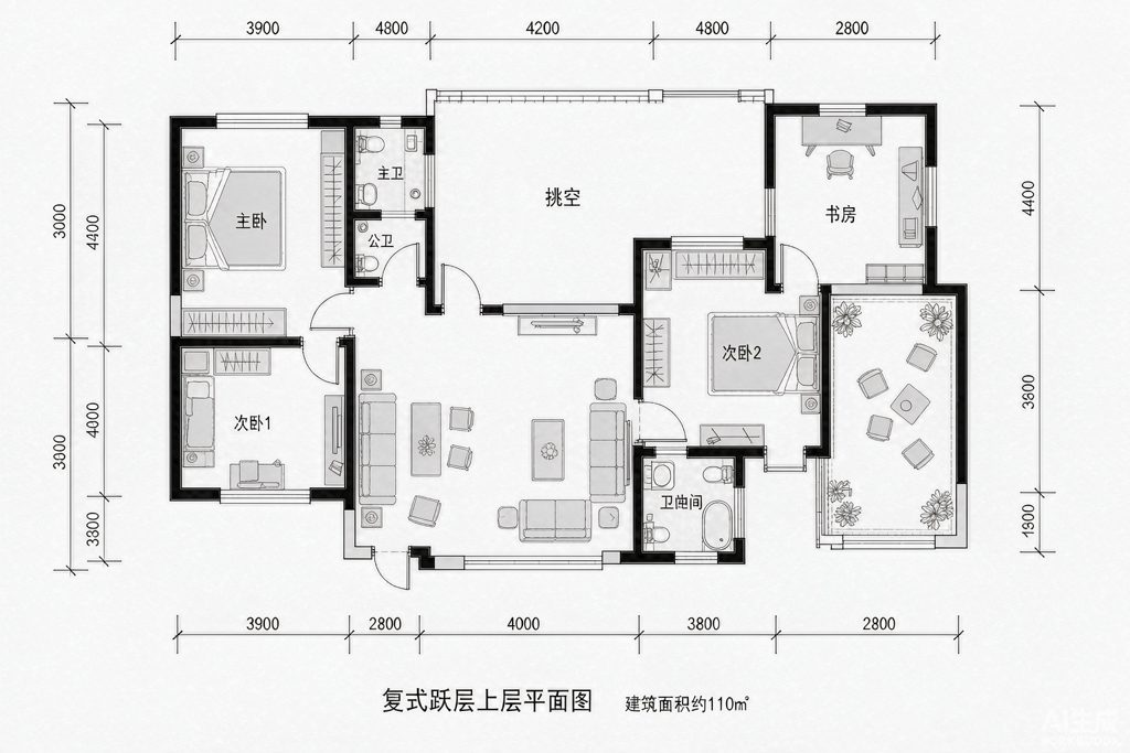 带厨房布局的复式户型平面图